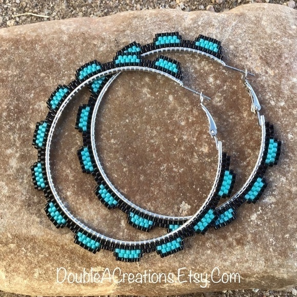 Turquoise Beaded Hoops, New, Handmade by Me - Picture 12 of 14